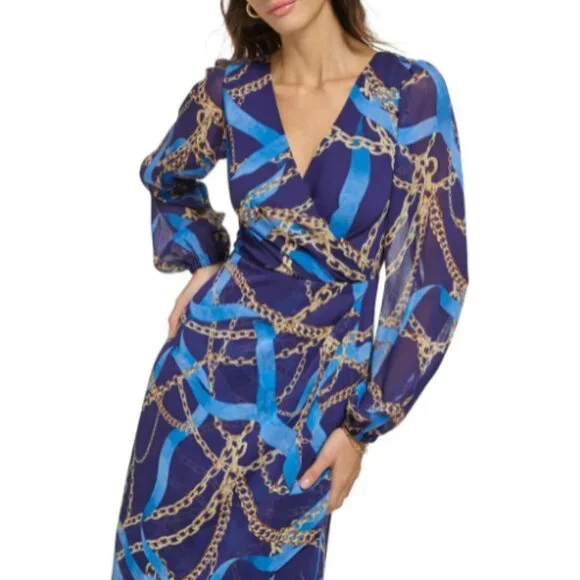 GUESS** Women's Long Sleeve Scarf Print Chiffon Maxi Dress 2 NWOT
